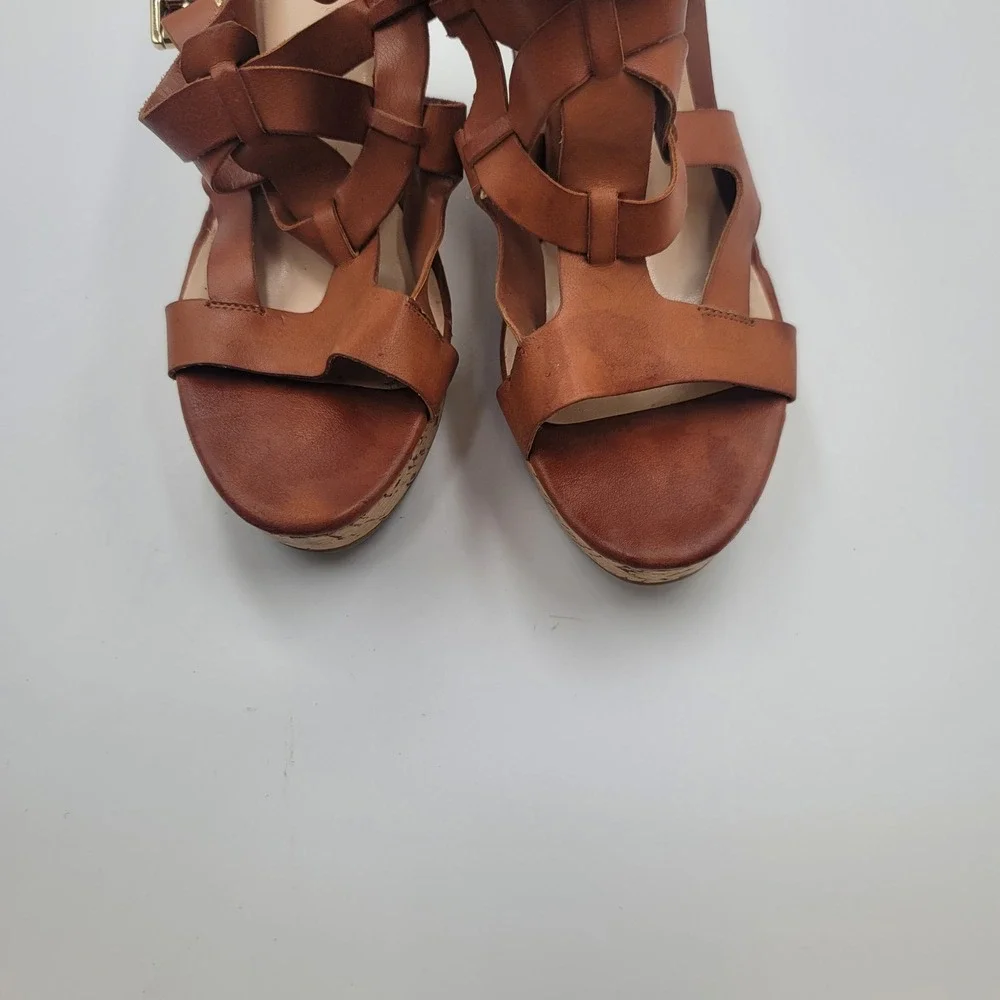 Guess Womens Cognac Brown Leather Strappy Cork Boho Platform Wedge Sandals